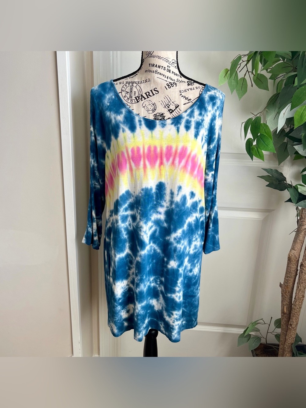 Erin London Tie Dye Cold Shoulder Tunic Dress Blue Pink Yellow Size M